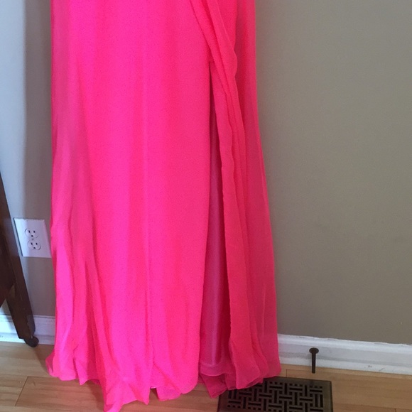 Neon coral pink gown rhinestone detail - Picture 3 of 6